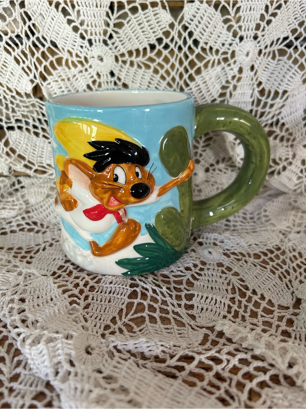 Vtg Warner Bros Looney Tunes 3D coffee mug Speedy Gonzalez & Slow Poke Rodriguez